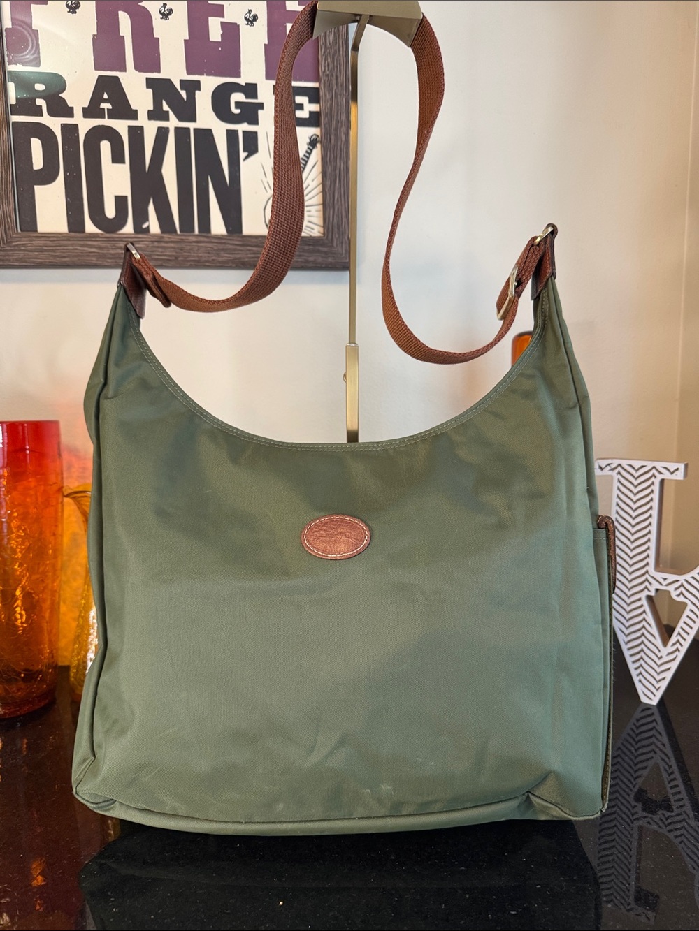 Longchamp Olive Green Crossbody Bag with Brown Trim